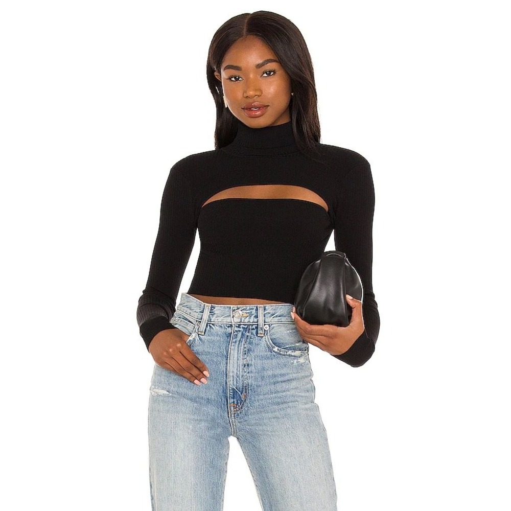 Superdown Tasha Cutout Turtleneck Sz M Ribbed Knit Cropped Black Long‎ Sleeve